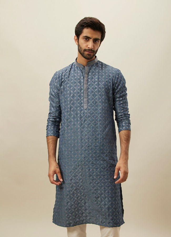 Manyawar Slate Blue Self Patterend Kurta Set