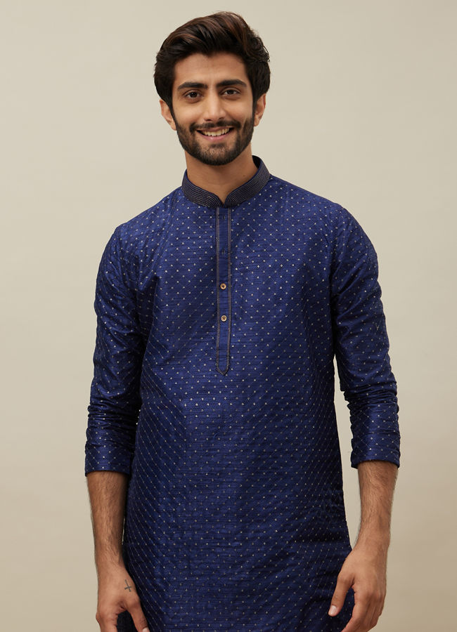 Manyawar Midnight Sapphire Blue Self Patterned Kurta Set