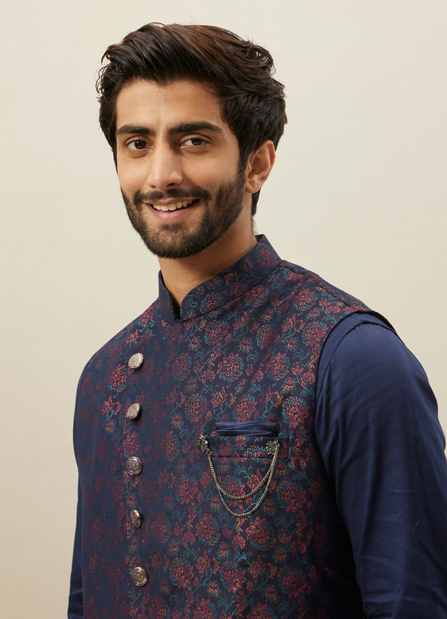 Manyawar Twilight Blue Floral Angrakha Style Kurta Jacket Set - India shopping