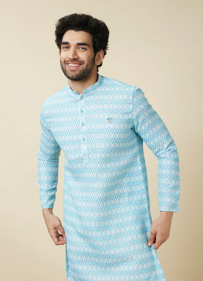 Manyawar Tropical Blue Diamond Patterned Casual Kurta