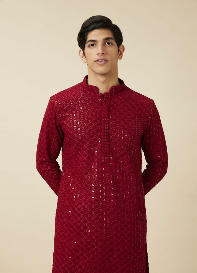 Manyawar Chilli Pepper Red Floral Chikankari Embroidered Kurta Set