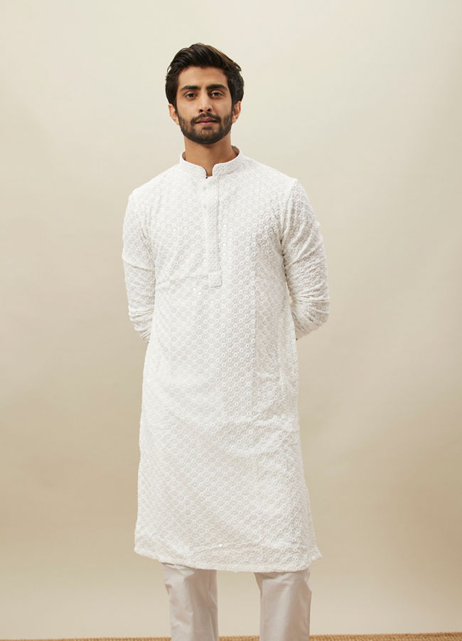 Manyawar Bright White Floral Chikankari Kurta Set