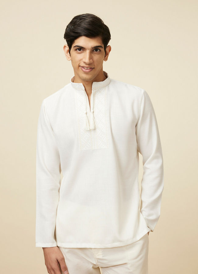 Manyawar Ivory White Embroidered Neckline Short Kurta