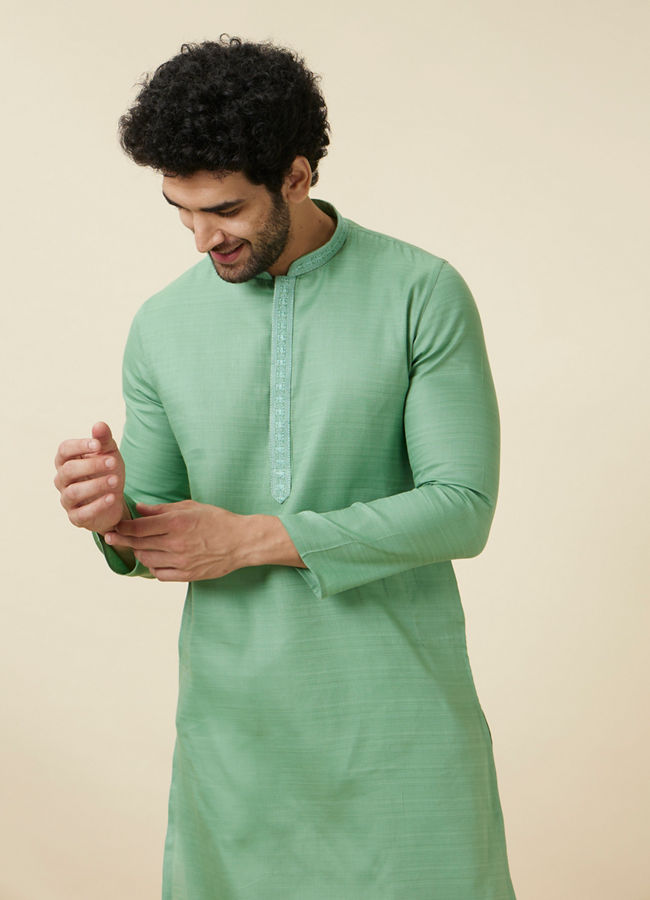 Manyawar Mint Green Embroidered Neckline Kurta Set - India shopping