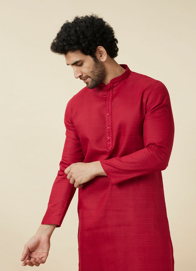 Manyawar True Red Embroidered Neckline Kurta Set - India shopping