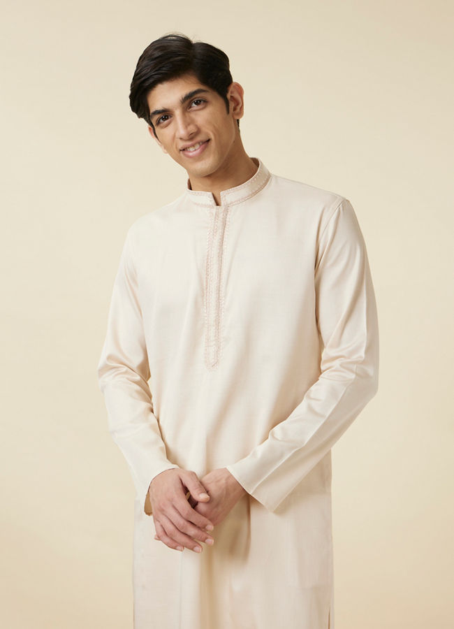 Manyawar Ivory White Embroidered Neckline Kurta Set