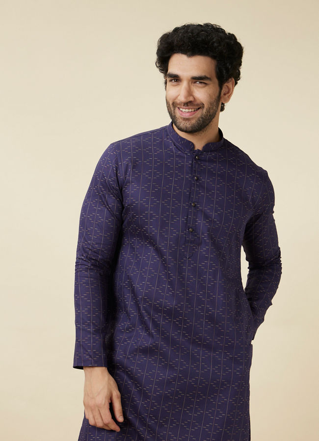 Manyawar Deep Blue Linear Patterned Casual Kurta