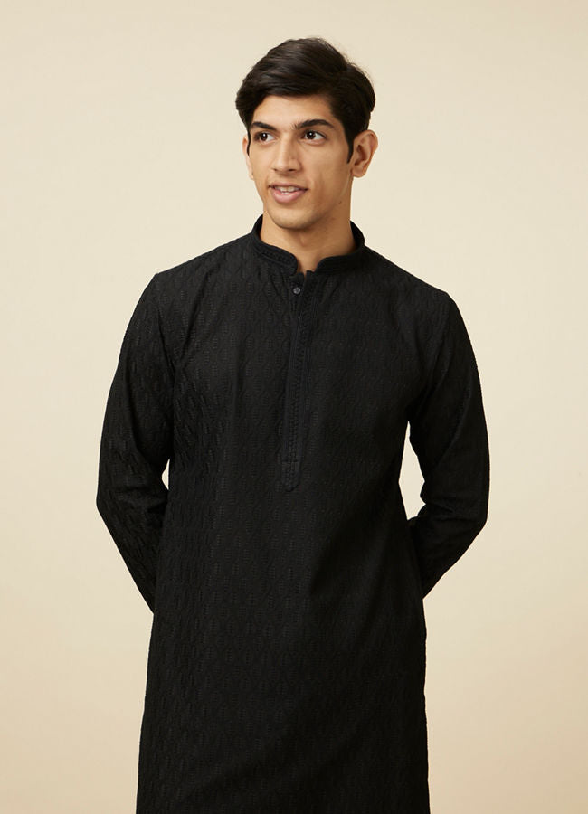 Manyawar Midnight Black Ogee Patterned Chikankari Kurta Set