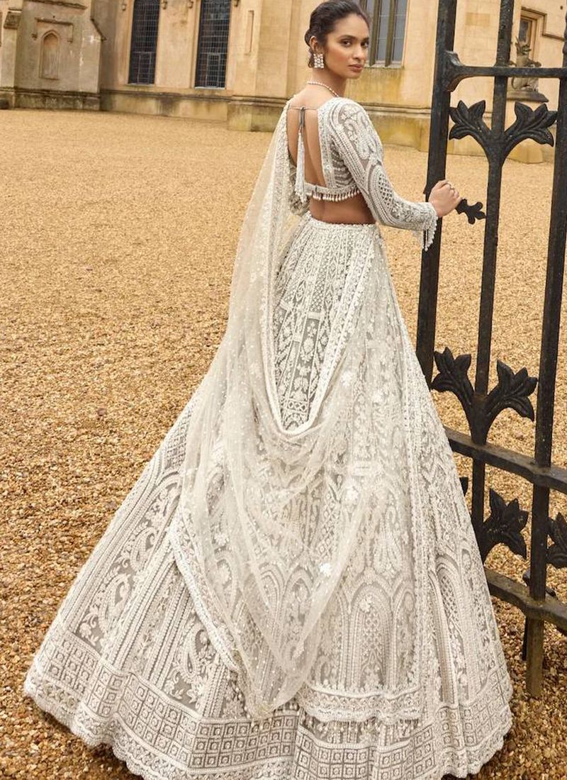 Off-White Net Thread Work Lehenga Choli With V-Neck | Ready To Wear