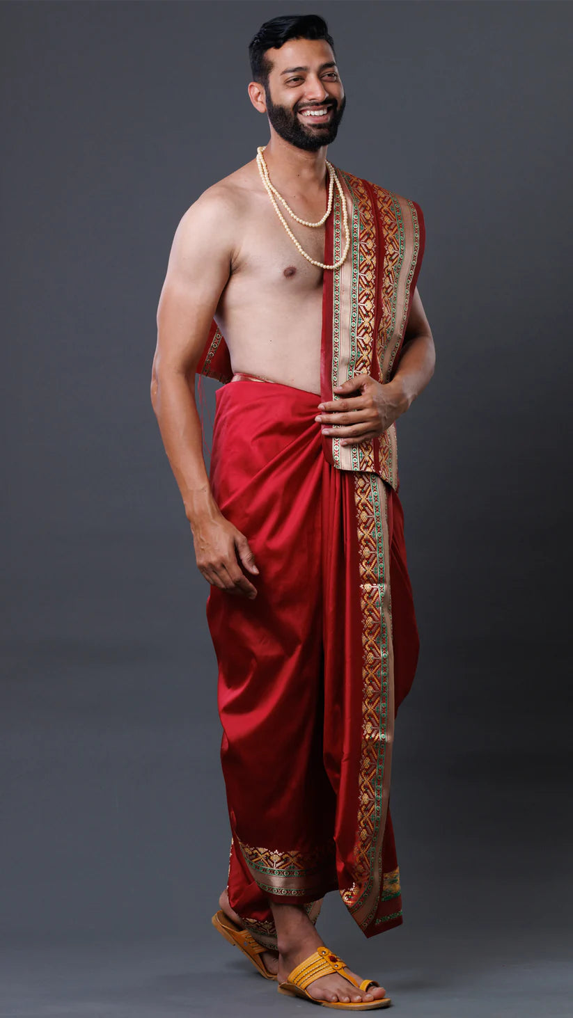 Vibrant Maroon Colour Semi Silk Patola Border Dhoti And Uparana