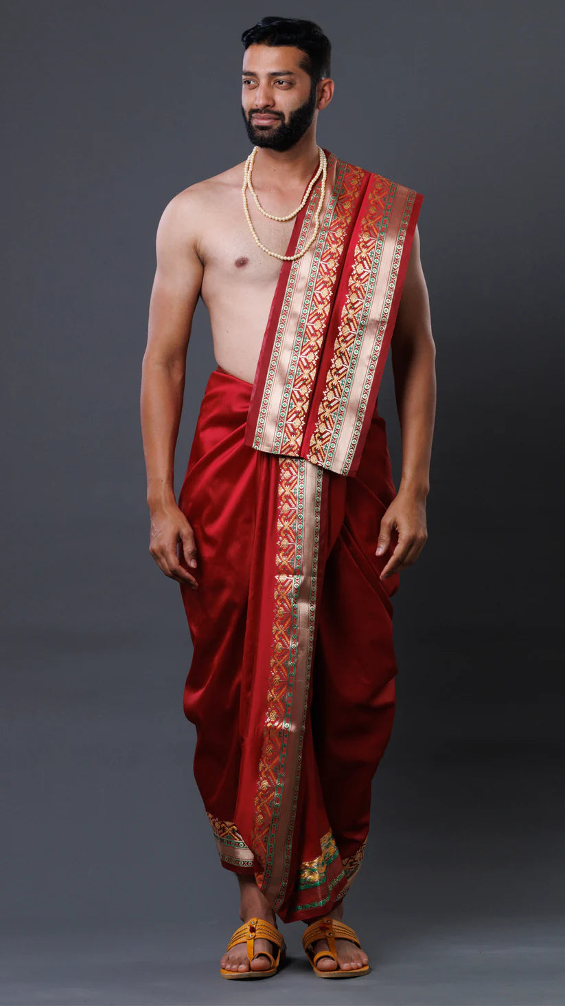 Vibrant Maroon Colour Semi Silk Patola Border Dhoti And Uparana