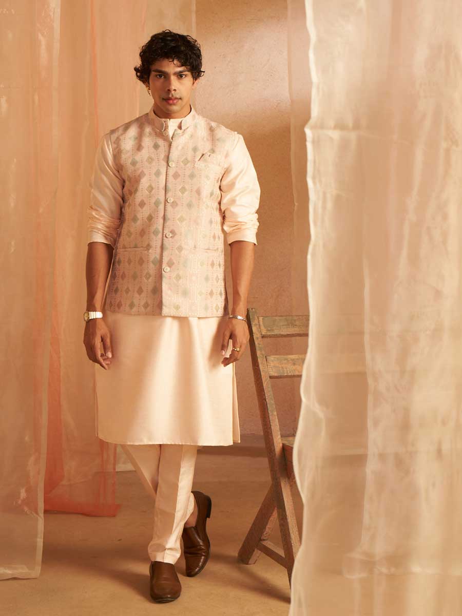 Mangalam Designer Vrindavan Peach Koti Kurta Pajama | Ready To Wear