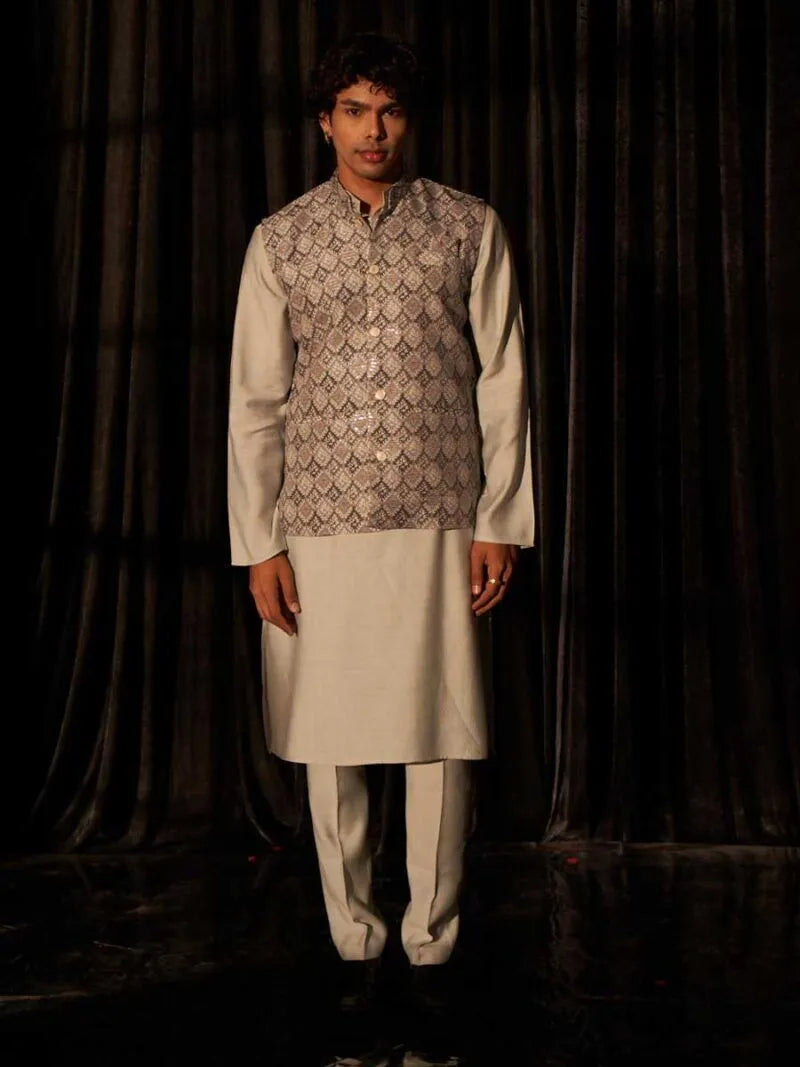 Mangalam Designer Traditional Grey Koti Kurta Pajama | Ready To Wear