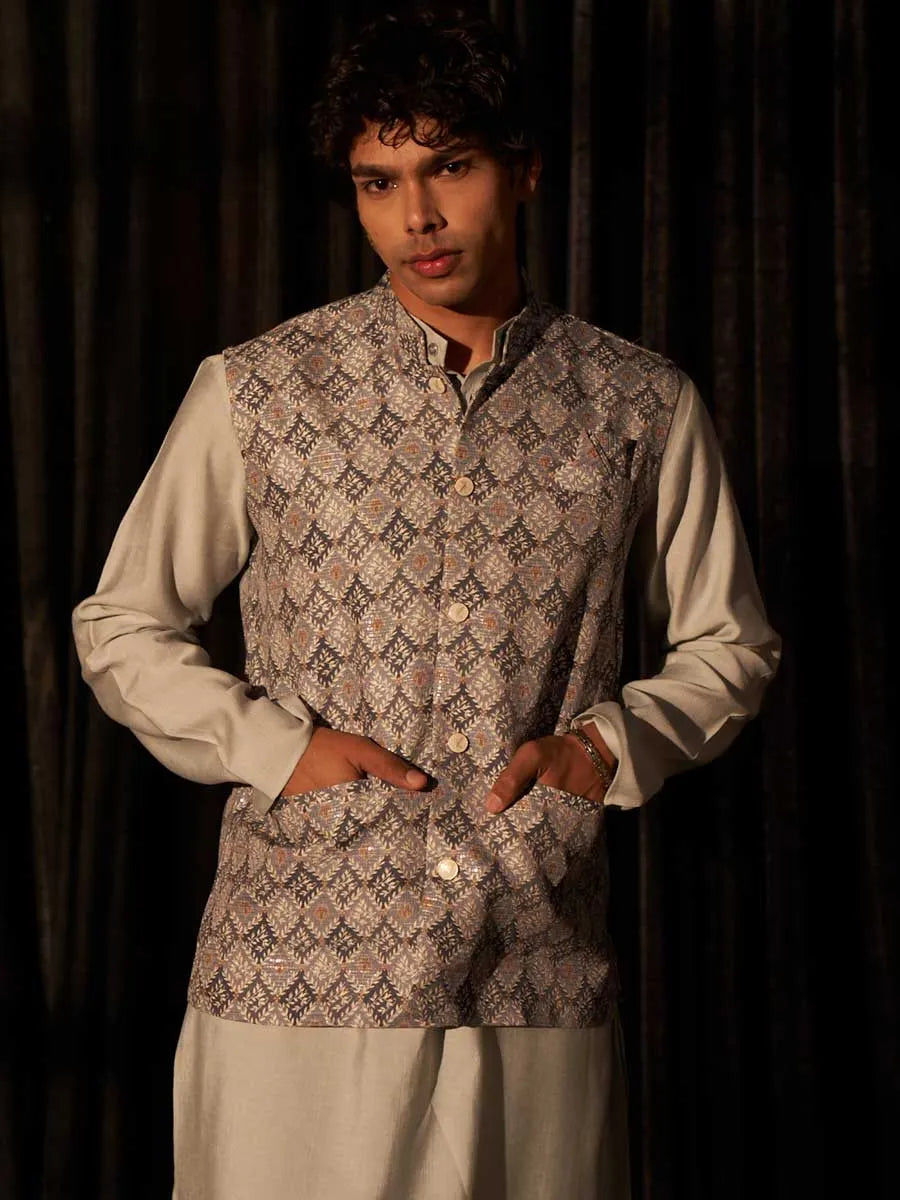 Mangalam Designer Traditional Grey Koti Kurta Pajama | Ready To Wear