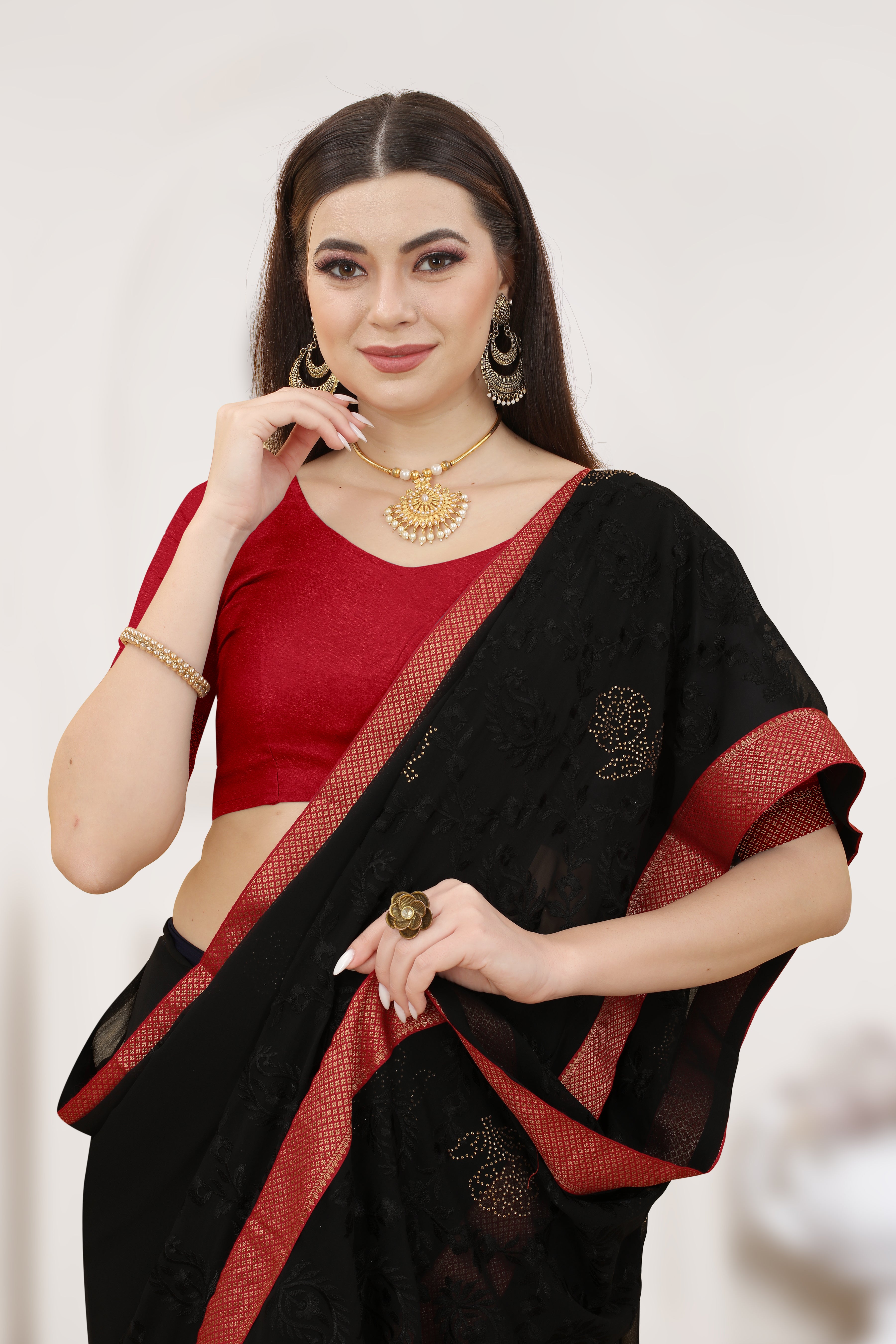 Ready-to-Wear Georgette Saree with Heavy Resham Embroidery & Swarovski Stone Work