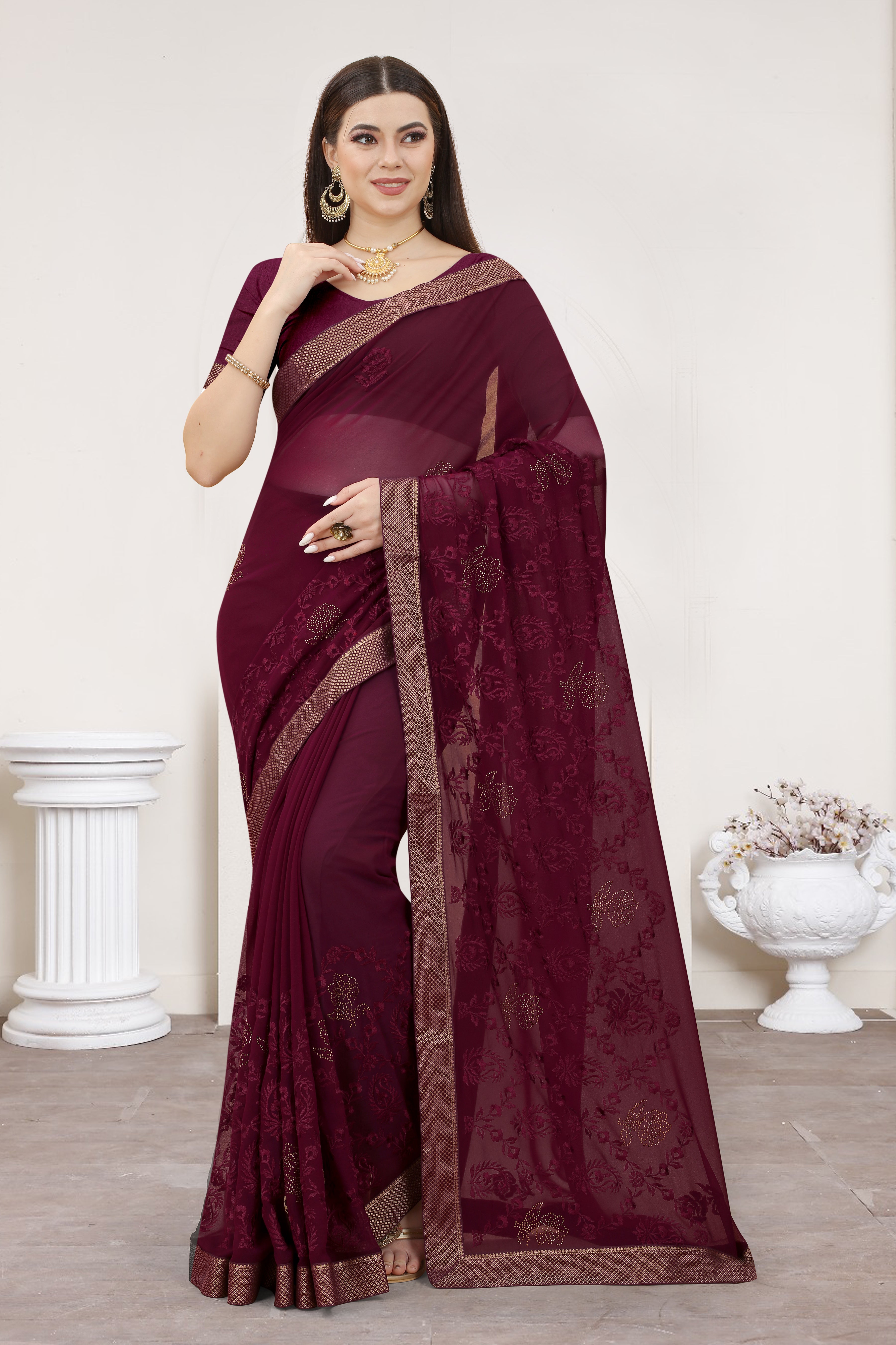 Designer Ready-to-Wear Georgette Saree with Resham Embroidery & Hot-Fix Stone Blouse