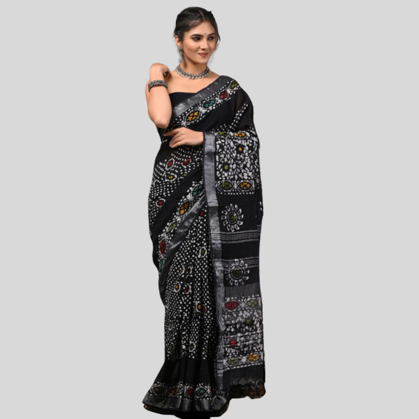 Flower Black Linen cotton sarees with blouse Bagru hand block printed