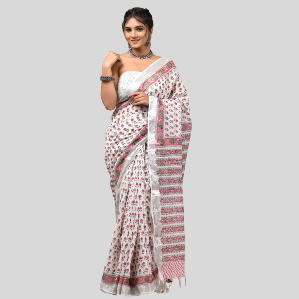 Flower white Linen cotton sarees with blouse Bagru hand block printed