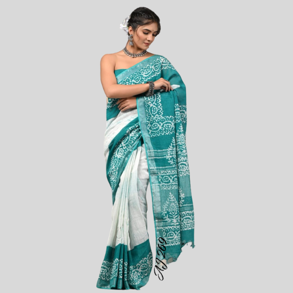 Shibori Rama green  Linen cotton sarees with blouse Bagru hand block printed