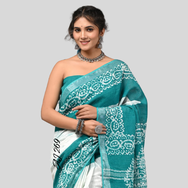 Shibori Rama green  Linen cotton sarees with blouse Bagru hand block printed