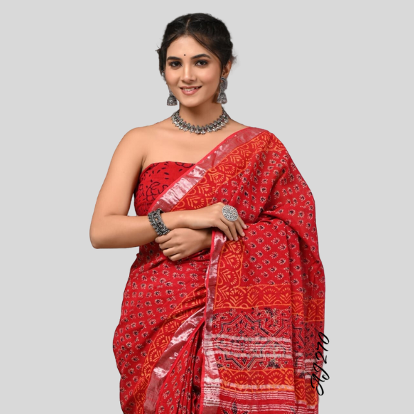 Flower Red Linen cotton sarees with blouse Bagru hand block printed