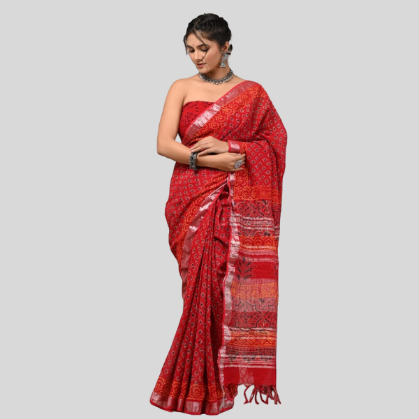 Flower Red Linen cotton sarees with blouse Bagru hand block printed