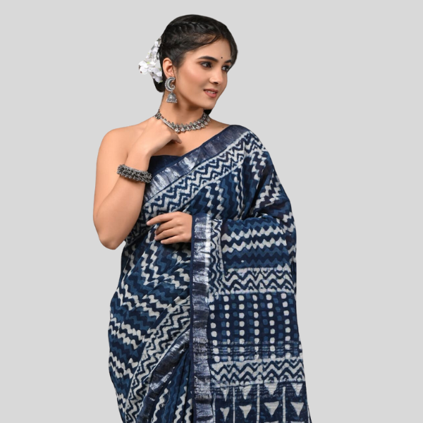 Indigo Blue Linen cotton sarees with blouse Bagru hand block printed