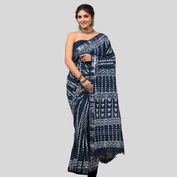 Indigo Blue Linen cotton sarees with blouse Bagru hand block printed