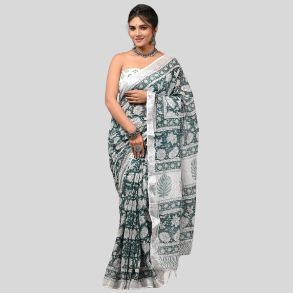 Flower White Green  Linen cotton sarees with blouse Bagru hand block printed