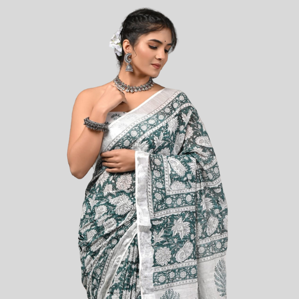 Flower White Green  Linen cotton sarees with blouse Bagru hand block printed