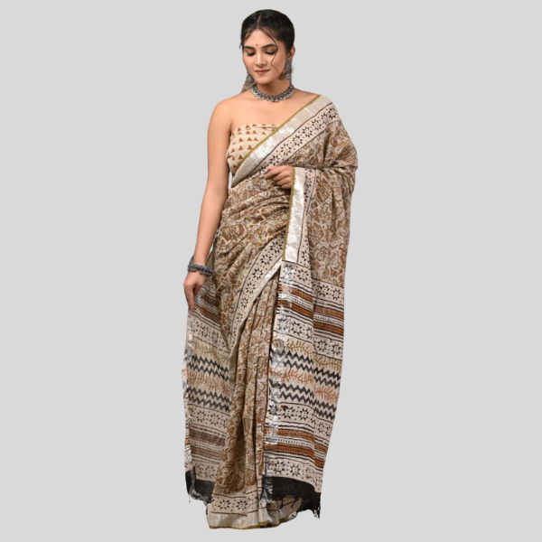 Flower Brown Linen cotton sarees with blouse Bagru hand block printed