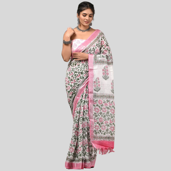 Pink Lotus Linen cotton sarees with blouse Bagru hand block printed