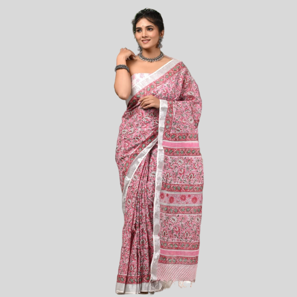 Flower Pink Grden Linen cotton sarees with blouse Bagru hand block printed