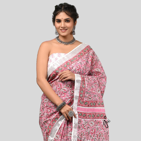 Flower Pink Grden Linen cotton sarees with blouse Bagru hand block printed