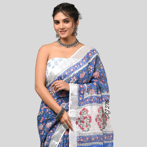 Flower Blue White  Linen cotton sarees with blouse Bagru hand block printed