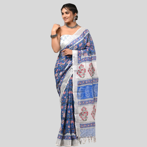 Flower Blue White  Linen cotton sarees with blouse Bagru hand block printed