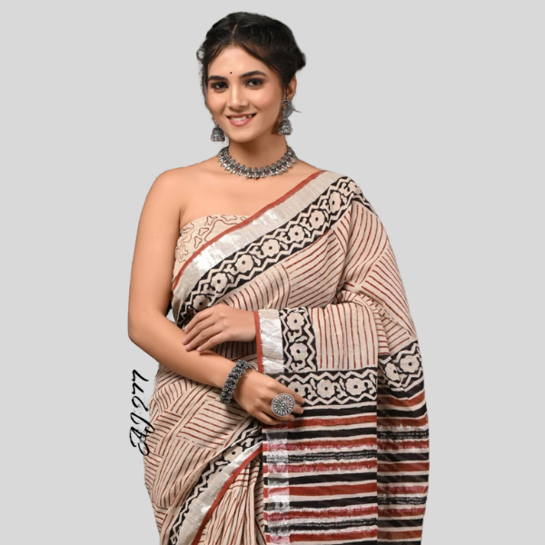 Brown Black lines Linen cotton sarees with blouse Bagru hand block printed