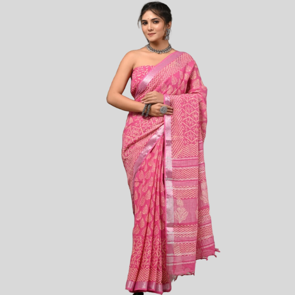 Pink Leaf Linen cotton sarees with blouse Bagru hand block printed