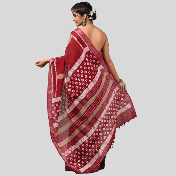 Brown Red circle Linen cotton sarees with blouse Bagru hand block printed