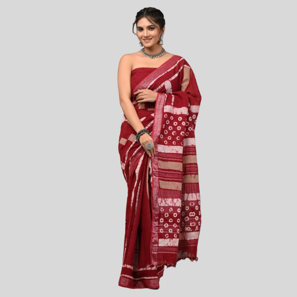 Brown Red circle Linen cotton sarees with blouse Bagru hand block printed