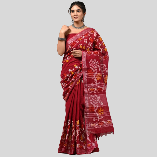 Brown Red flowers Linen cotton sarees with blouse Bagru hand block printed