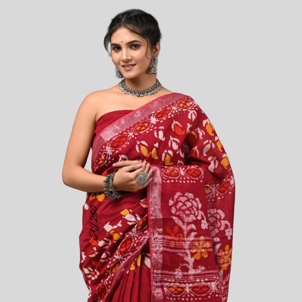 Brown Red flowers Linen cotton sarees with blouse Bagru hand block printed