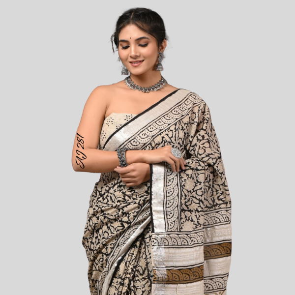 Cream Black Linen cotton sarees with blouse Bagru hand block printed