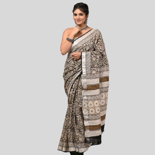 Cream Black Linen cotton sarees with blouse Bagru hand block printed