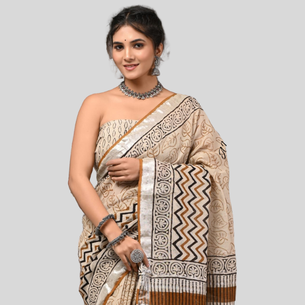 Brown Cream Linen cotton sarees with blouse Bagru hand block printed