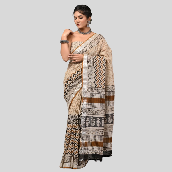 Brown Cream Linen cotton sarees with blouse Bagru hand block printed