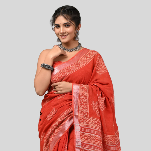 Brown Red Linen cotton sarees with blouse Bagru hand block printed