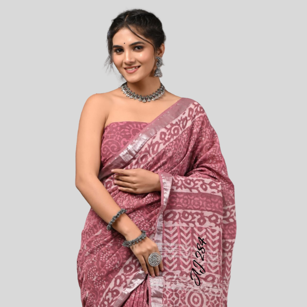 Pastle Wine Linen cotton sarees with blouse Bagru hand block printed