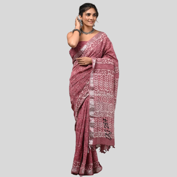 Pastle Wine Linen cotton sarees with blouse Bagru hand block printed