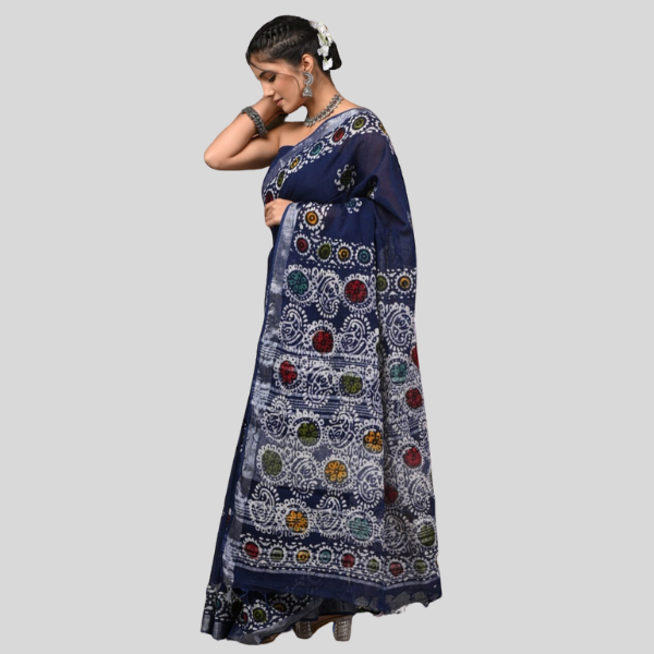 Indigo Multi Linen cotton sarees with blouse Bagru hand block printed